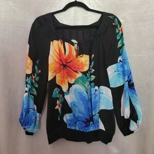 WHBM Silk Tropical Floral Print Three Quarter Sleeve Blouse - Sz. XL